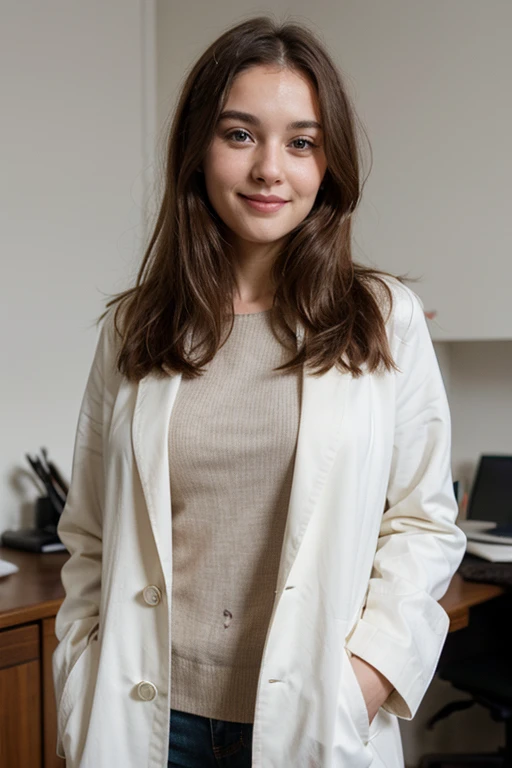 Smiling cute girl, white background, pale honey medium hair, looking away, portrait, wearing white coat, black tie, office wear