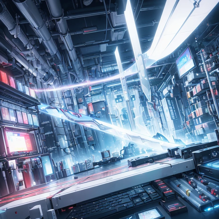 (((arms、Katana、armsを持つ))) (((computer、electronic circuitry))),cinematic light, ((White world))((1 swordsman woman)),alone, ,whole body,colorful kimono、(machine-made),Expressionless,(headphones),fantasy、cute face、