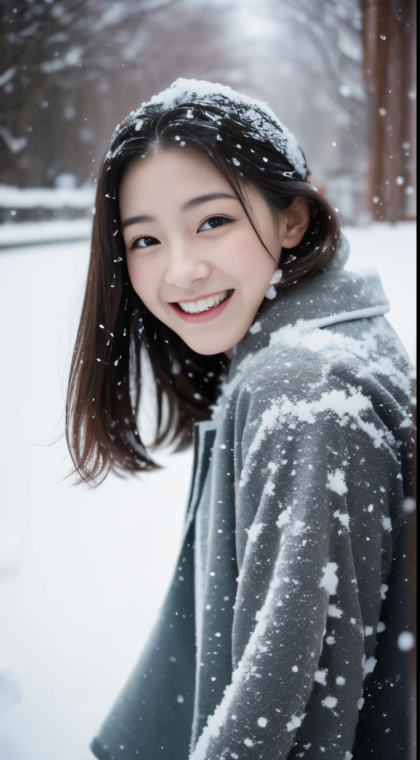 ((snow scene))、Warm coat、Full body Esbian、laughter、(masterpiece、highest quality) 、cute、(big breasts:1.2)、((20 year old woman:1.ung adorable japanese face, ,soft portrait shot,In 8K,、Young and cute gravure idol
