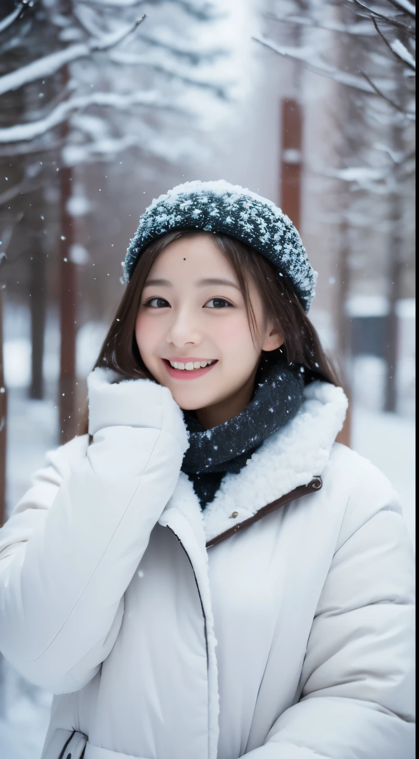 ((snow scene))、Warm coat、Full body Esbian、laughter、(masterpiece、highest quality) 、cute、(big breasts:1.2)、((20 year old woman:1.2))、young adorable japanese face, ,soft portrait shot,In 8K,、Young and cute gravure idol