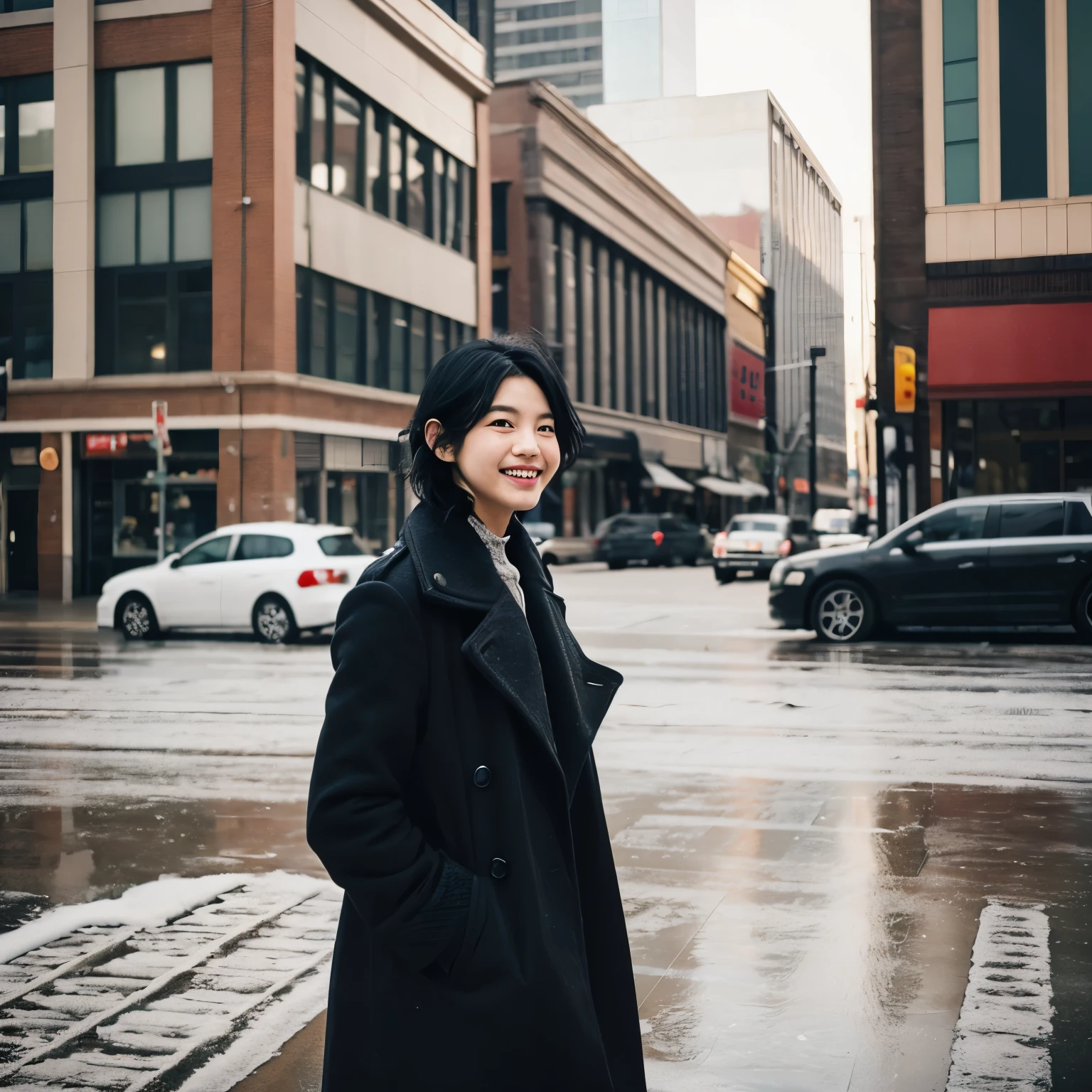 (morning), 1 girl, alone, looking at the viewer, winter, cowboy shot, (downtown), cowboy shot, smile, black hair