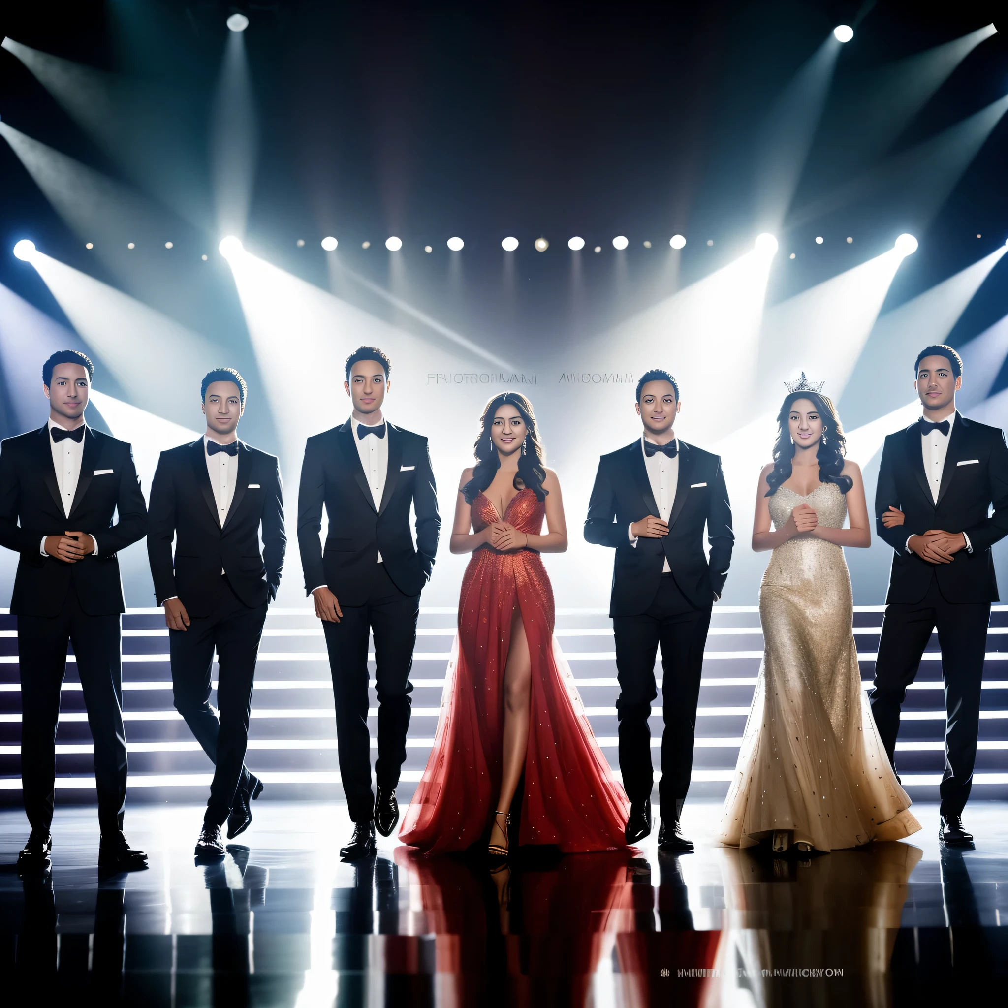 arafed image of a group of people in formal wear standing on stage, grand finale, photo still, tv still, promotional image, promotional photo, promotional still, rendering of beauty pageant, promo photo, tv show still, promo still, promotional photograph, final, promotional picture, by Marshall Arisman, promo image, finale fantasy, high quality image, fim still