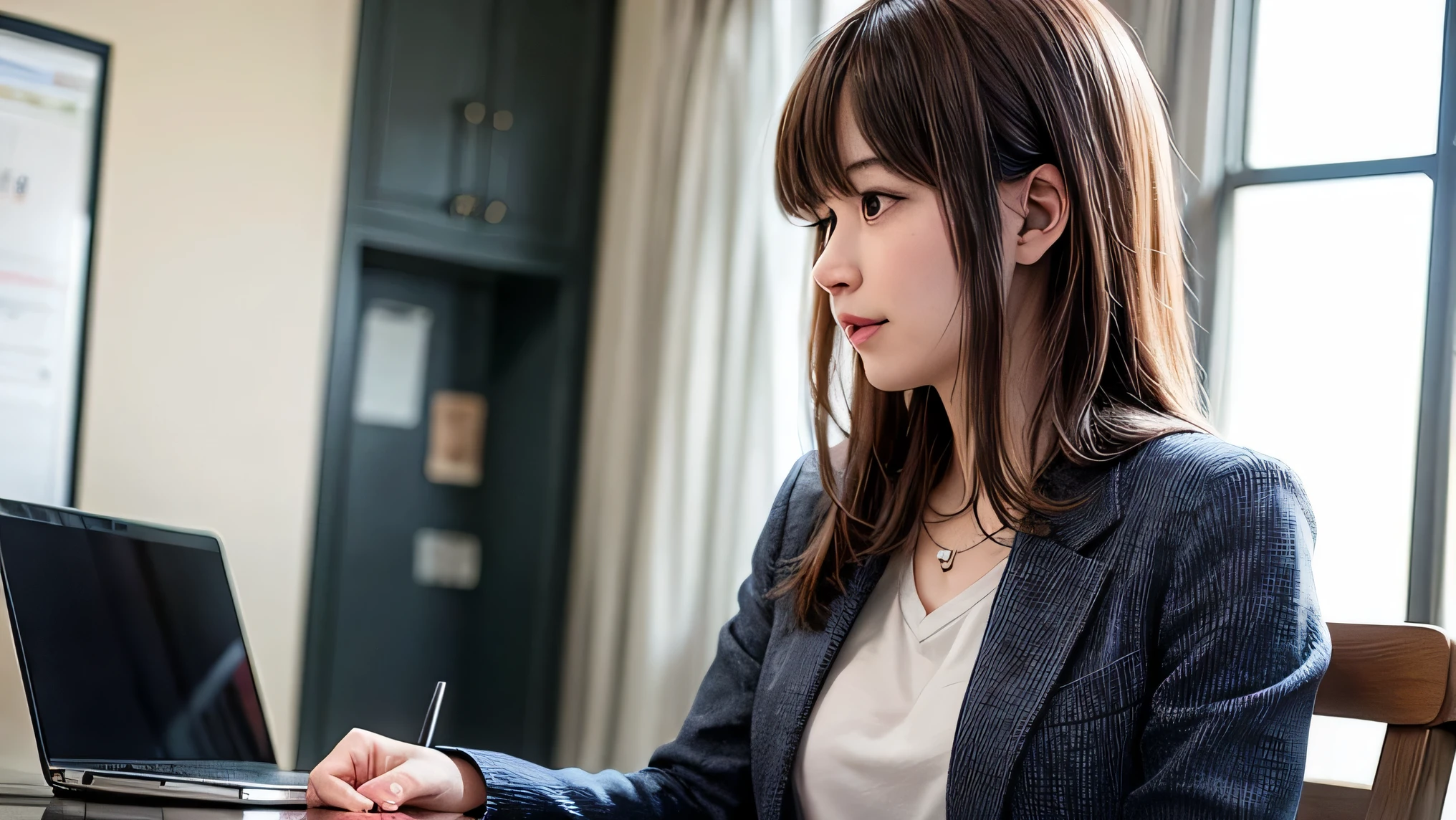 Woman at computer, profileのポートレート, リアルなの女の子のprofile, エレガントなprofileのポーズ, profileのポーズ, beautiful japanese girl face, Portrait of a 28 year old Japanese man, かわいい女の子のprofile, ( profile ) profile, young japanese woman, In front of a computer, 女性のprofile、looking at computer、Business Casual、Beautiful leg form、Typing on the keyboard on a desk computer、looking at the computer in front of me、profile photo、 Office Casual、Gray jacket、small necklace、Large office background、Features contemporary design furnishings,You can see skyscrapers outside the window、Sunny day、