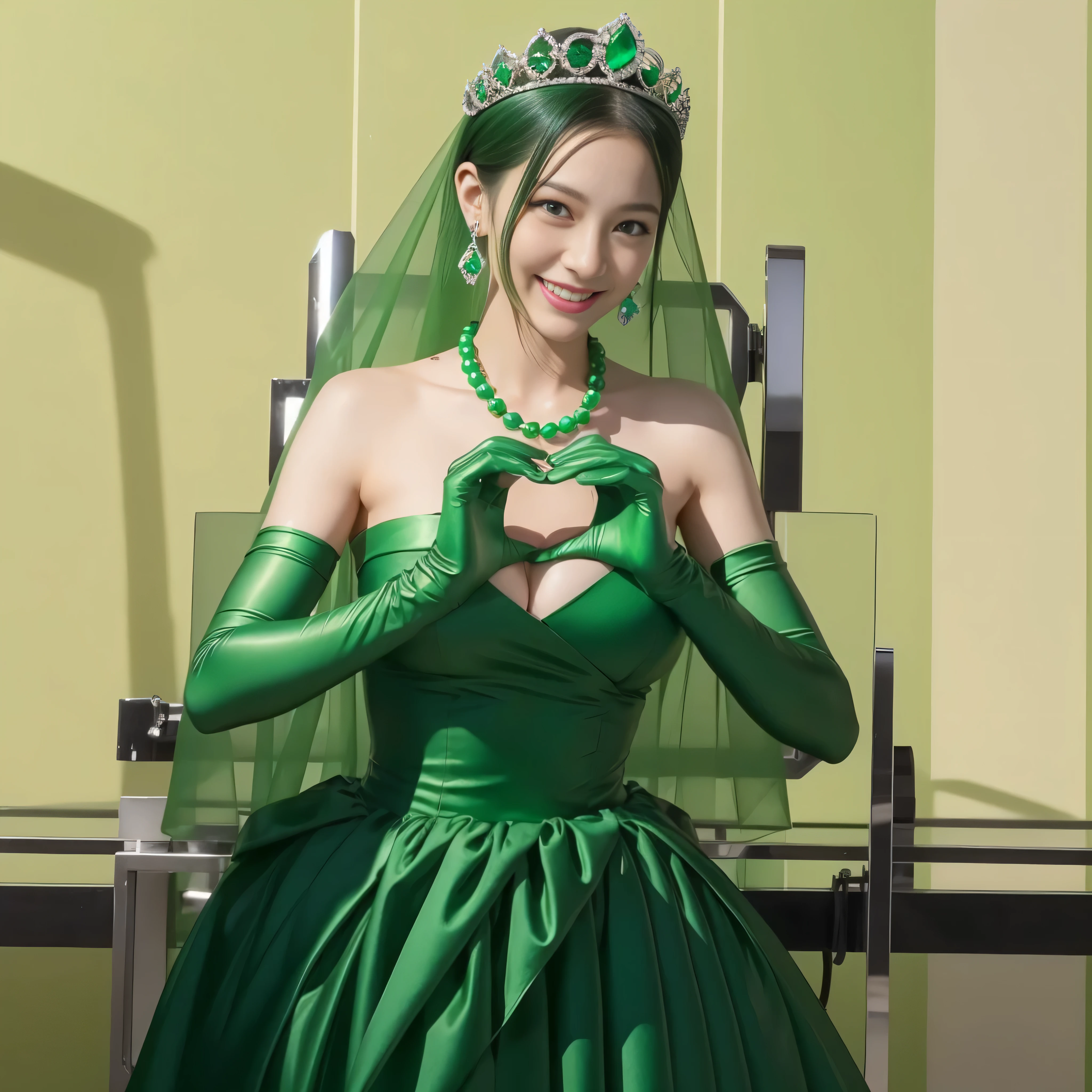 emerald tiara, green pearl necklace, boyish very short green hair, lipstick, smiling Japanese woman, very short hair,  Beauty with large breasts, green eyes, Long Green Satin Gloves, green eyes, emerald earrings, green veil, heart with both hands