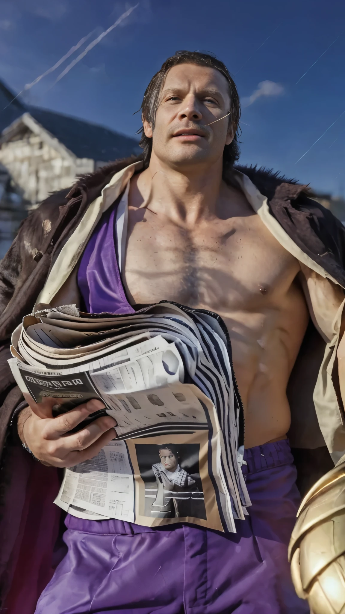 (masterpiece), (realistic), (ultra detailed), ( high reest quality), (photorealistic), (perfect face), (perfect anatomy), (((man))), (((male))), (((Russian people))), (((40 years old))), (((muscular))), (((solo))), crocodile from one piece, crocodile, The character's mouth is wide open, there is a smoking pipe in the character's mouth, the character's left hand is holding a newspaper, it is raining heavily