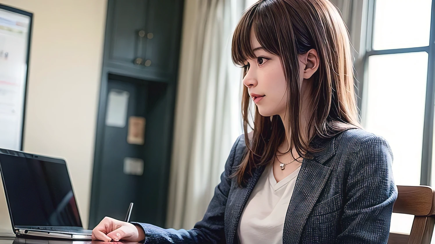 Woman at computer, profileのポートレート, リアルなの女の子のprofile, エレガントなprofileのポーズ, profileのポーズ, beautiful japanese girl face, Portrait of a 28 year old Japanese man, かわいい女の子のprofile, ( profile ) profile, young japanese woman, In front of a computer, 女性のprofile、looking at computer、Business Casual、Beautiful leg form、Typing on the keyboard on a desk computer、looking at the computer in front of me、profile photo、 Office Casual、Gray jacket、small necklace、Large office background、Features contemporary design furnishings,You can see skyscrapers outside the window、Sunny day、