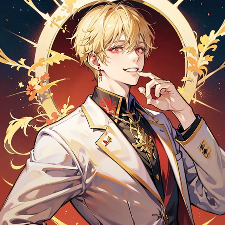 short blonde anime guy,red eyes, blazer, Blonde madman,grin and laugh,Wink, 背が高い red eyes,Star-shaped earrings,upper body up