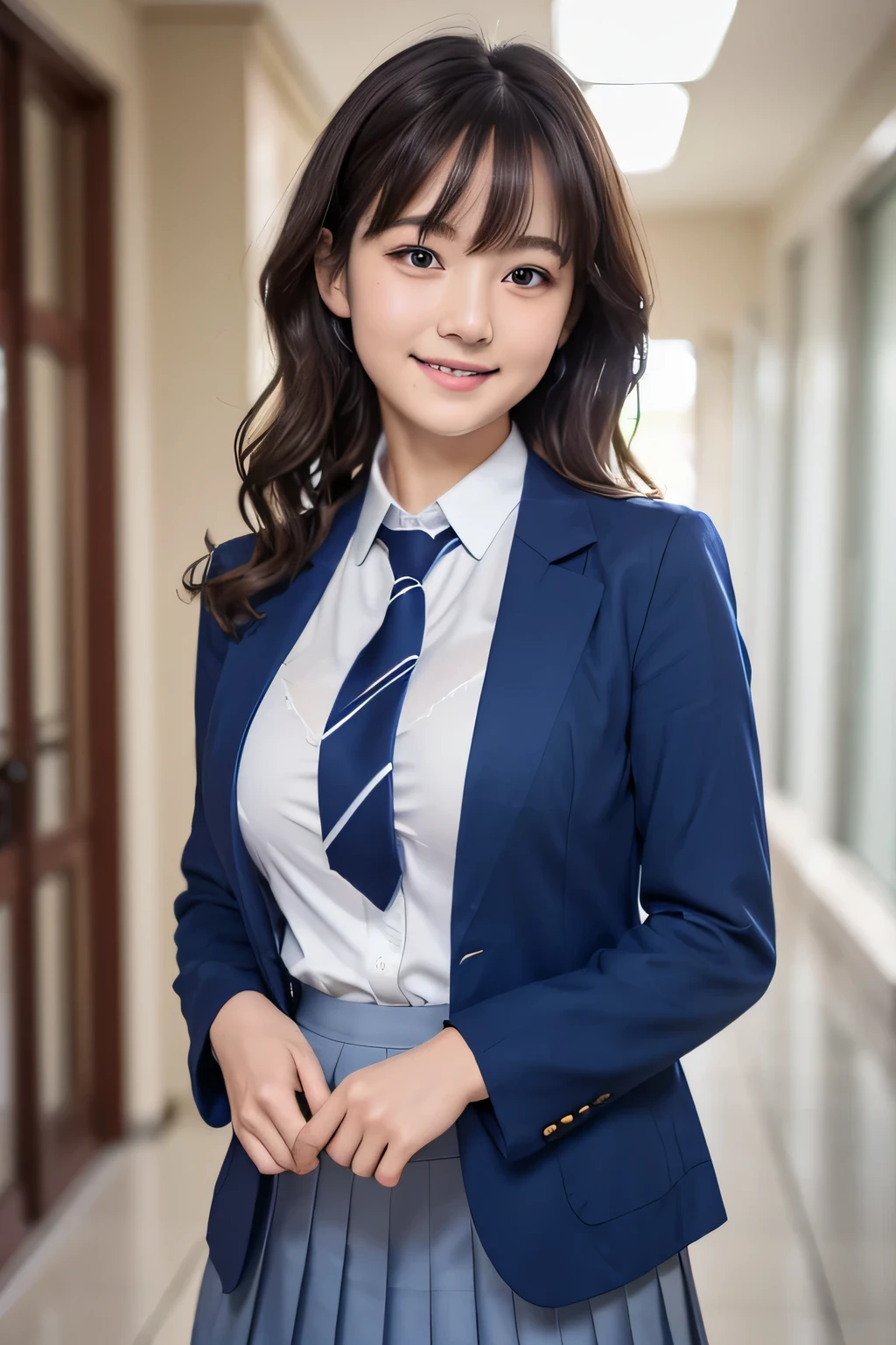 8K, highest quality, real image, intricate details, Super detailed, ultra high resolution, depth field,(realistic,realistic:1.2), frontal shot , From the middle , 1 girl, eye_Chan, very beautiful 17 year old girl, innocent big eyes,、beautiful breasts:1.5、非常に詳細なeye:1.2)、(beautiful breasts:1.1)、wavy hair、curly hair、bangs、, perfect skin, Fair skin, cleavage, tight waist, light blush, alone、 (looking at the viewer, laughter)、((School_uniform),(dark blue blazer), (white shirt、Wearing a tie), (gray pleated skirt), (sculpture installation :1.1)、High School Hallway