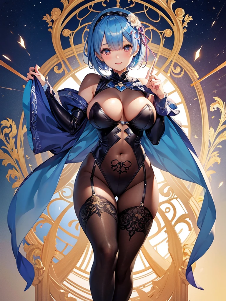 masterpiece, highest quality, super detailed, 1girl,
Rem,Re Zero, blue hair, short hair, big breasts, smile,cute,cute,
bust shot, sexy girl,((beautiful face)), full body black tights suit,