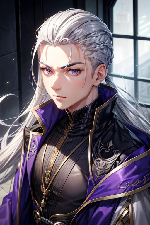 hair style with all hair slicked back、odd eye、silver hair all back、male、hair is long to the shoulders、odd eye、maleの左目赤色、male右目青、Purple coat、increase wide angle、clear eyes、