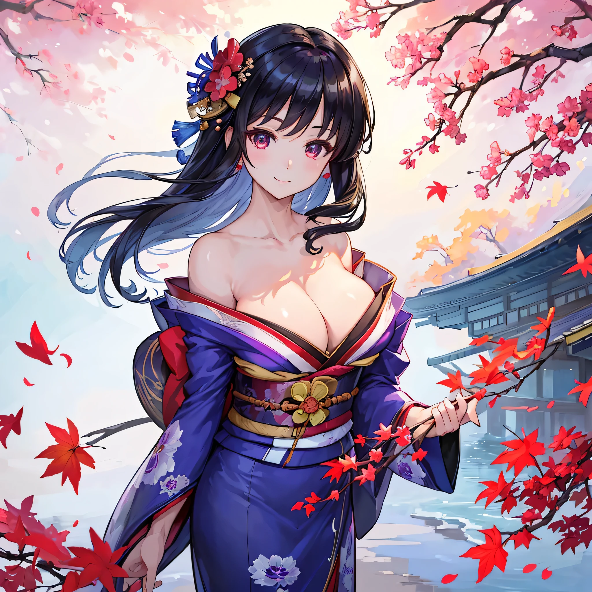 (Super beautiful woman in kimono)、((highest quality、8K masterpiece:1.3))、sharp focus:1.2、(super beautiful face:1.0)、(shiny skin:1.0)、realistic pictures、black haired、video writing、High resolution eyes and face、video writing、japanese actress、from the front、Medium chest、with a happy smile、wearing a kimono、under the autumn leaves、highest grade obi