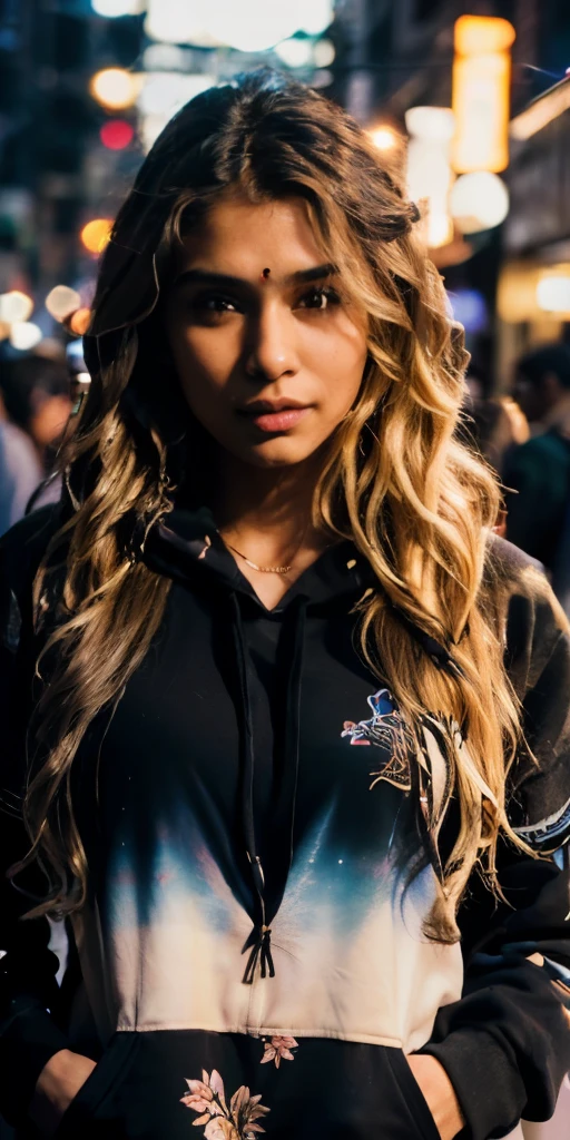 (photo of a 23-year-old Indian girl,RAW,beautiful sexy woman,extra long wavy blonde hair,(detailed face:1.2),high detailed black hoodie,print on hoodie,hoodie chain partially open),best quality,ultra-detailed,realistic,portrait,vivid colors,soft lighting