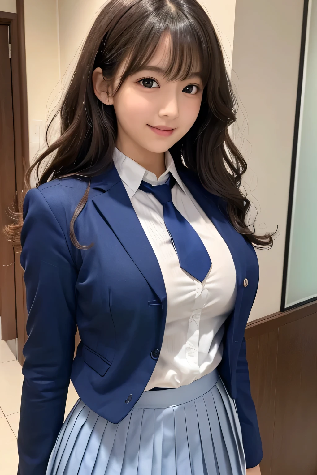 8K, highest quality, real image, intricate details, Super detailed, ultra high resolution, depth field,(realistic,realistic:1.2), frontal shot , From the middle , 1 girl, eye_Chan, very beautiful 17 year old girl, innocent big eyes,、beautiful breasts:1.5、非常に詳細なeye:1.2)、(beautiful breasts:1.1)、wavy hair、curly hair、bangs、, perfect skin, Fair skin, cleavage, tight waist, huge breasts、light blush, alone、 (looking at the viewer, laughter)、((School_uniform),(dark blue blazer), (white shirt、Wearing a tie), (gray pleated skirt), (sculpture installation :1.1)、High School Hallway