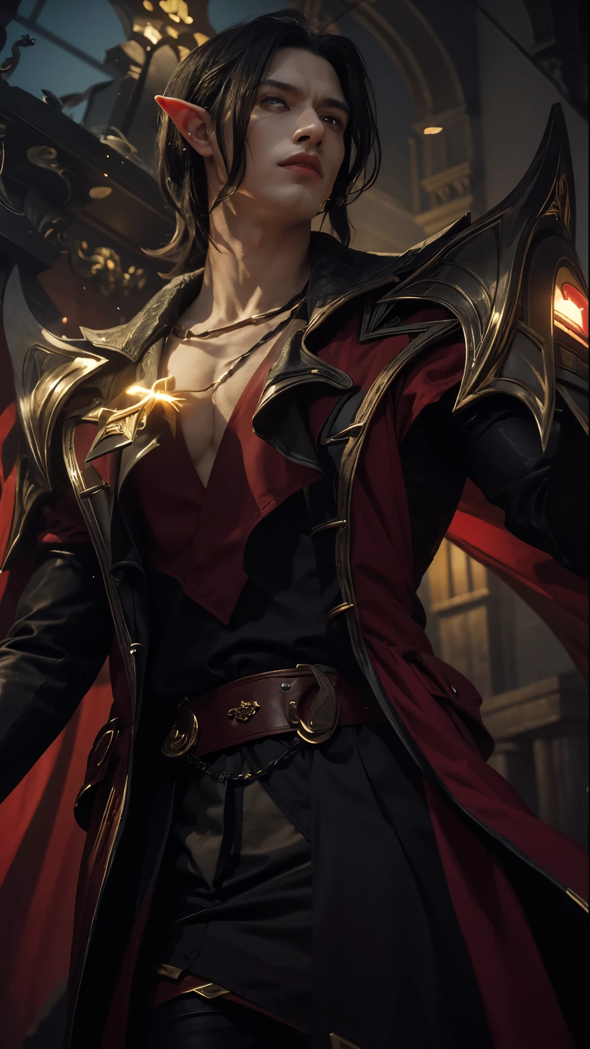 Man with long black hair, man using red and black dracula dress, man with elf ears, man with gold Accessories on his shoulder, men with golden Necklace, man with red eyes, handsome man, man with dracula dress in castle at night background, man with red Hunter eyes, man using black pants, gentleman face, man with natural lips