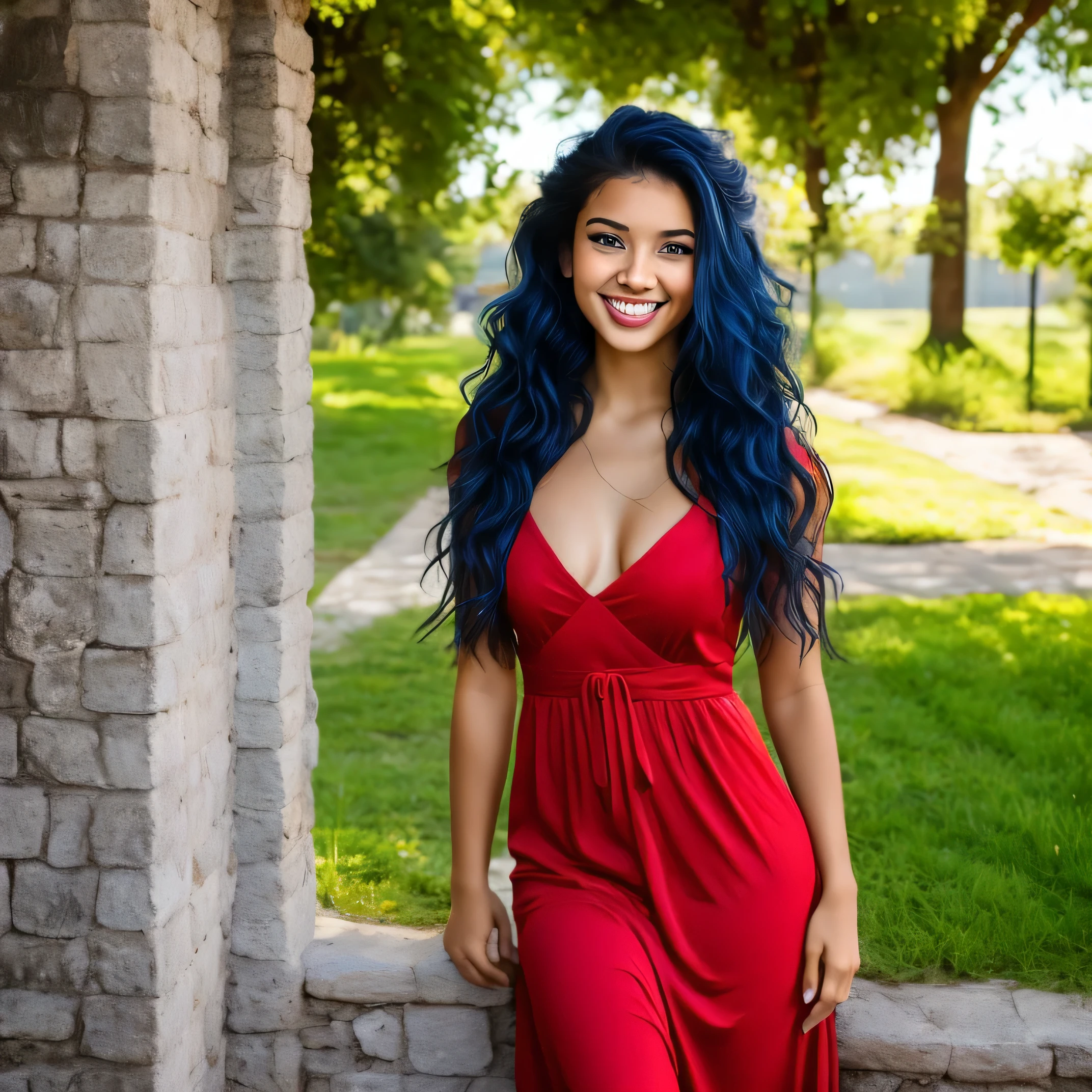 A mixed race 27 years old lady farmer who loves to play outdoors, sexy and loves to laugh wearing a long red dress , her hair is a mix of red and black, she is blue eyed and has a smiling sexy face, abit of an arab demeanor, her background is dreamy, she looks lost in thought, she is sweaty and loves sex