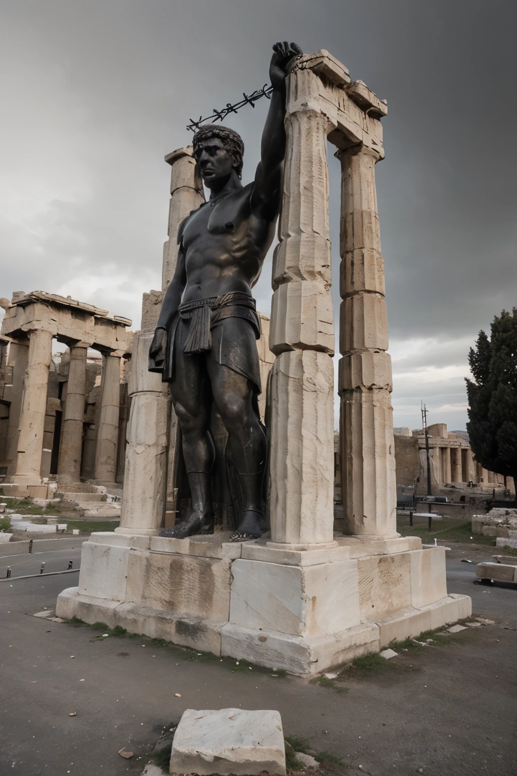 ((best quality)), ((masterp"A dark landscape image of an ancient greek society deeply connected to stoicism, black and white, ancient greek architecture, include one single big statue of a stereotypical strong greek man, marcus aurelius