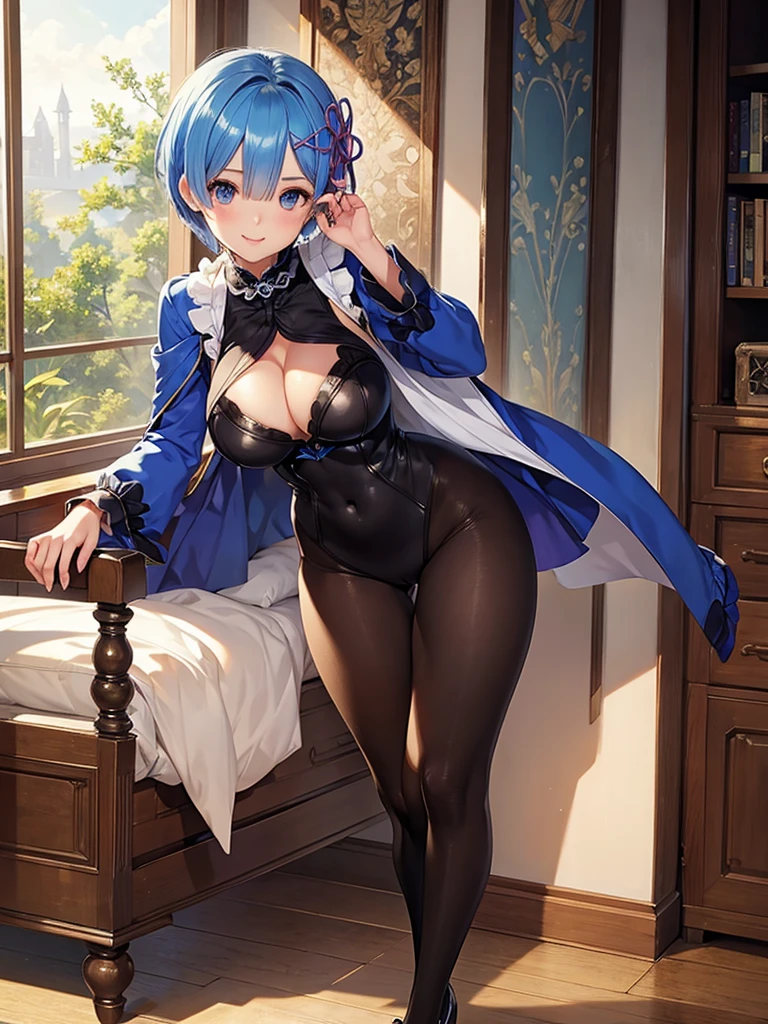 masterpiece, highest quality, super detailed, 1girl,
Rem,Re Zero, blue hair, short hair, big breasts, smile,cute,cute,
bust shot, sexy girl,((beautiful face)), full body black tights suit,