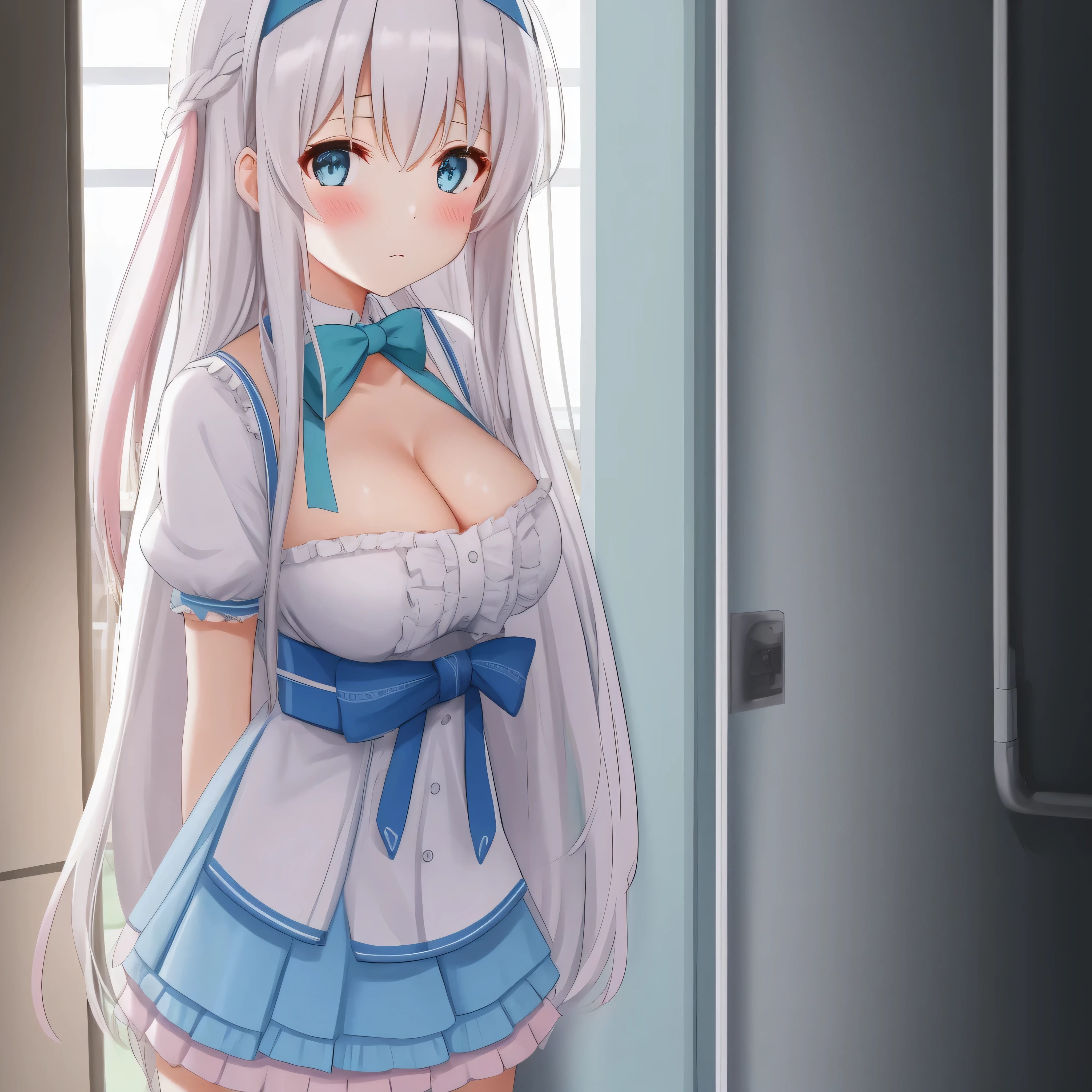 1 girl, underwear, alone, , White-haired_hair, hindquarters, Gloves, long_hair, breast, blush, pink_, skirt, Headband, watching_exist_peeping exist the viewer, lie, only_bshoulder, mediexisting_breast, blue_Eye, White seeds_skirt, watching_Back, floor_meter, Turquoise blue_Headband, frills, Back, closure_Mouth, drops of sweexist,