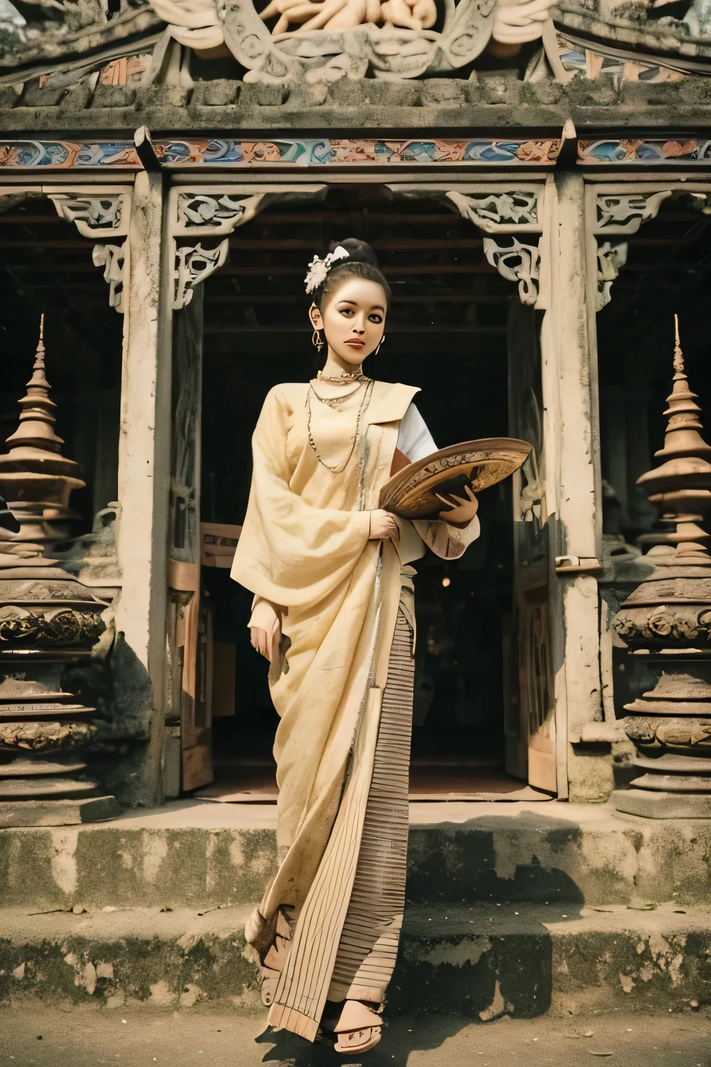 Burmese patterned traditional dress lady full body details, golden color dress, Burmese hair style, wearing ornaments, perfect anatomy, nice face, fair skin, holding traditional lacquer ware flowers basket, sunlight, shade and shadow performance, Bagan temple at background, octane rendering, unreal engine, sharp focus, cinematic lightning and hyper-realistic details,32k, stick movie star style, best composition, fashion magazine cover style, Background with giant pagoda, face retouch