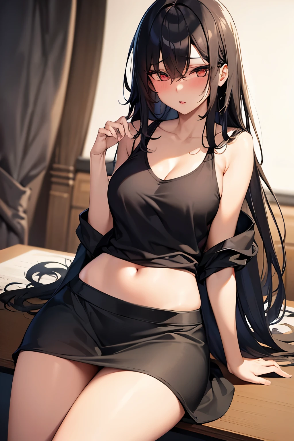 Sexy woman, long black luscious hair, seductive eyes, blushing, parted lips, black tank top, dark green jacket and skirt, sitting on desk, desperate