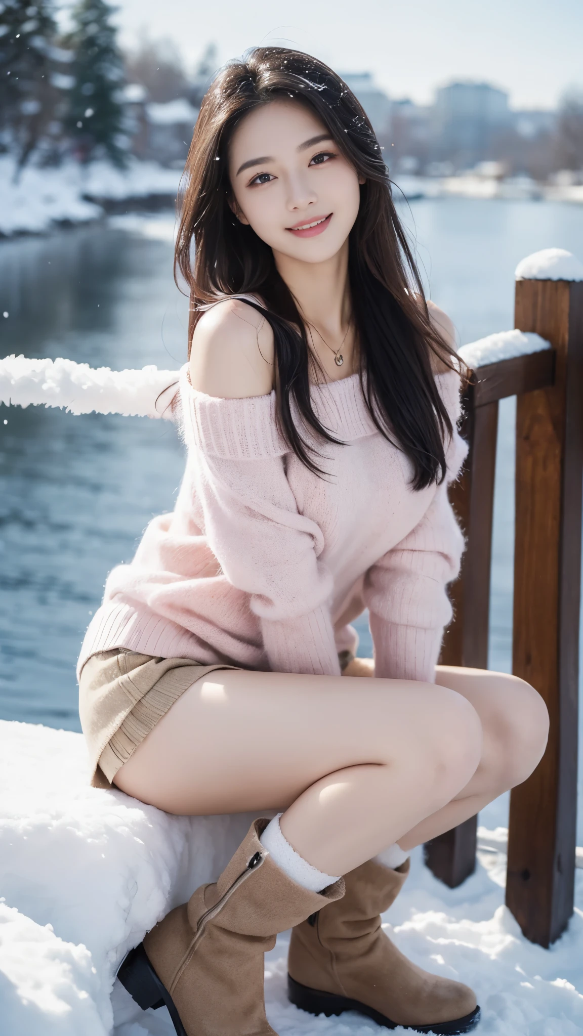 ((top quality, 8 thousand, masterpiece:1.3)), (Concentrate upon:1.2), (perfect body beauty:1.4), ((delicate hair)), Highly detailed face and skin textures, Fair eyes, double eyelid, shiny skin, smile, wear a necklace, Glossy face, small face, (tits huge:1.4), 20 years, beautiful smile, (raw photo:1.2)、(photorealistic:1.4)、(masterpiece:1.3)、(top quality:1.4)、dreamlike、(detailed eyes)、(Detailed facial features)、(detailed clothing features)、clean skin、(glowing skin)、(slim and beautiful girl)、(Beautiful bridge lines)、a woman、(full body shot)、solo、cute、Happy smiling face, forehead、black hair、black eye、Long scarf, pink wool sweater、off shoulder、mini skirt、stockings、Snow boots、Snow scenery, 
