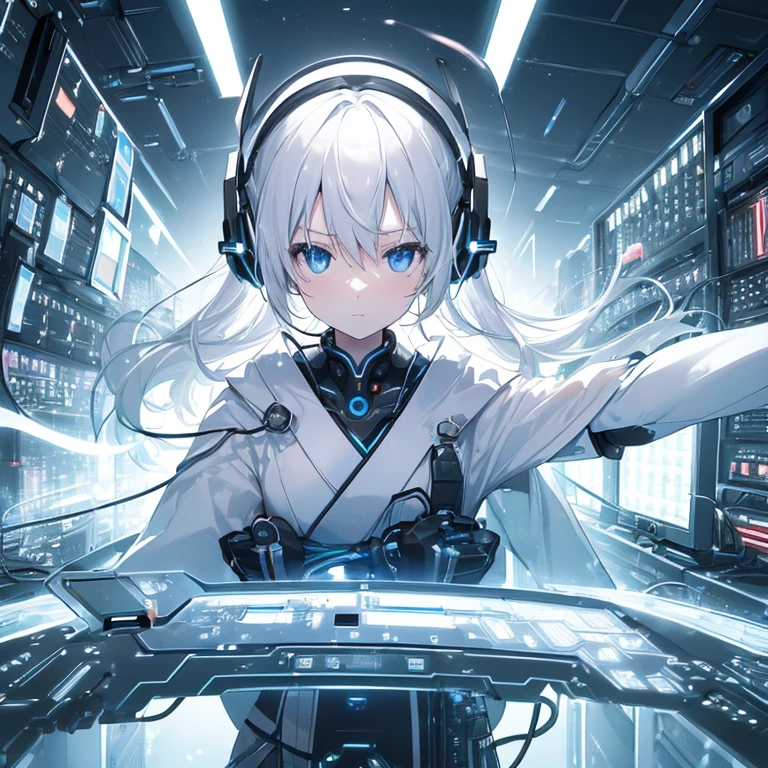 (((computer、electronic circuitry))),light with electrons flying around, ((White world))((1 swordsman woman)),alone, ,whole body,kimono、(machine-made),Expressionless,(headphones),fantasy、cute face、black and white、ultra high resolution