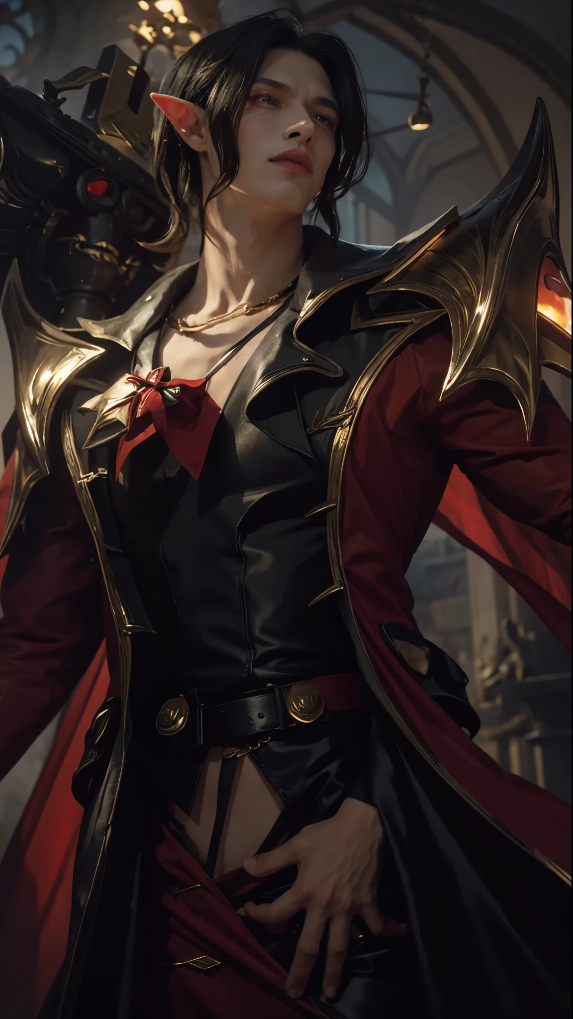 Man with long black hair, man using red and black dracula dress, man with elf ears, man with gold Accessories on his shoulder, men with golden Necklace, man with red eyes, handsome man, man with dracula dress in castle at night background, man with red Hunter eyes, man using black pants, gentleman face