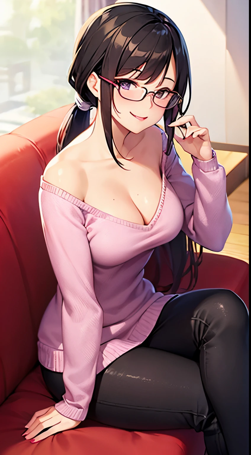Sexy and cute woman, black hair in a ponytail, glasses, pink lips, purple knitted sweater, black pants, sitting on couch, seductive yet comforting smile, blushing, medium chest, cleavage, perfect body