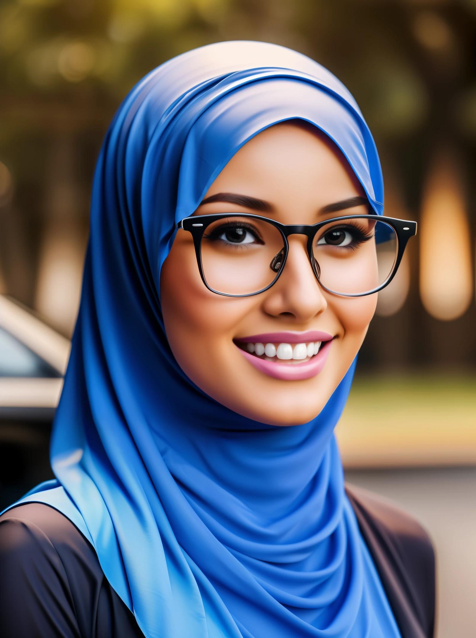 ultra realistic,16k, enhanced quality, perfect face, perfect hands, perfect body, ultra detailed, perfect hair, girl wearing glasses, perfect glasses, perfect smile, ultra realistic, ultra realistic background, full body shooting, buying a new car, girl wearing perfect hijab,full body shooting, ultra realistic particles, perfect duck lips, full body shooting, Islamic hijab,Full-figured