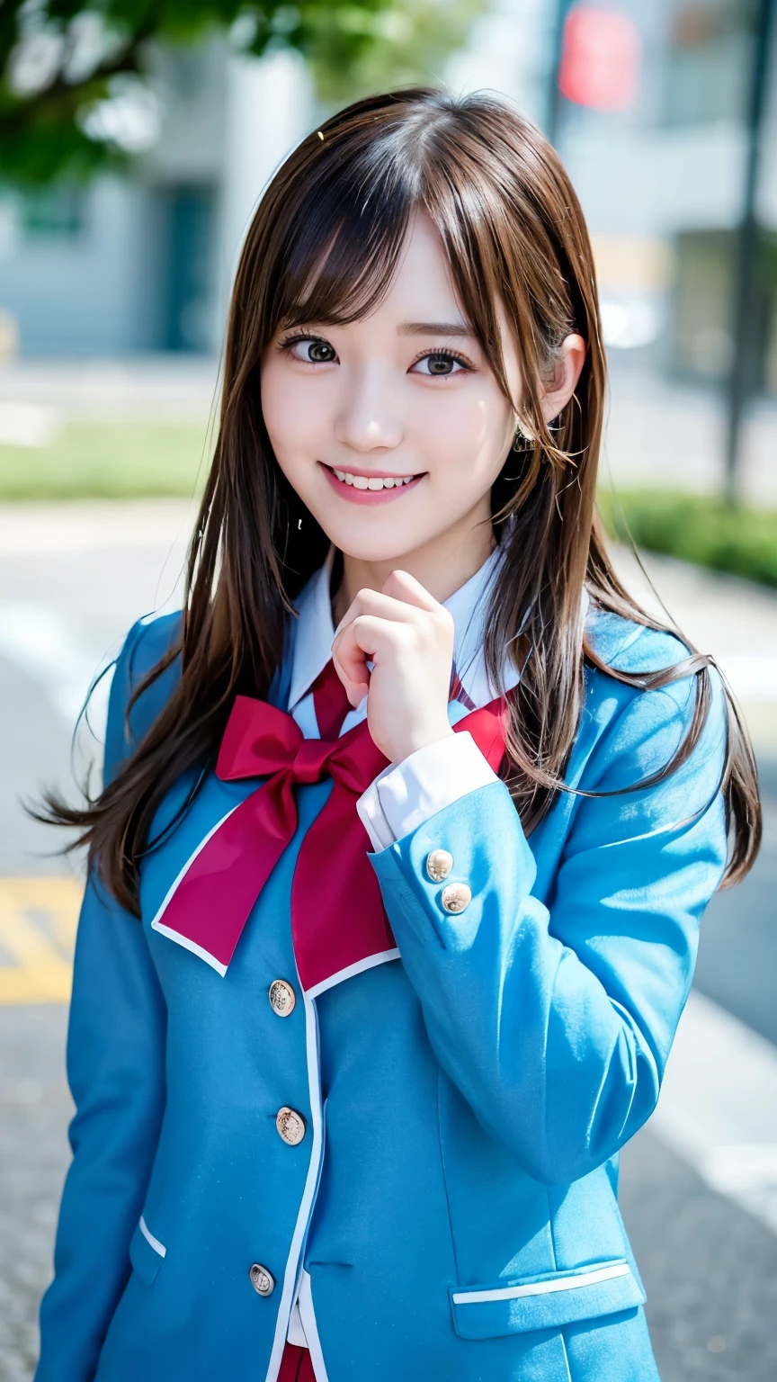 one cute girl in AKB48 uniform, AKB48 Team TP, AKB48 uniform, (masterpiece, best quality:1.2), ultra high res, (photorealistic:1.4), detailed skin, cinematic lighting, friendly, intelligent, conversation engaging, happy, kind, energetic, cheerful, creative, with sparkling eyes and a contagious smile