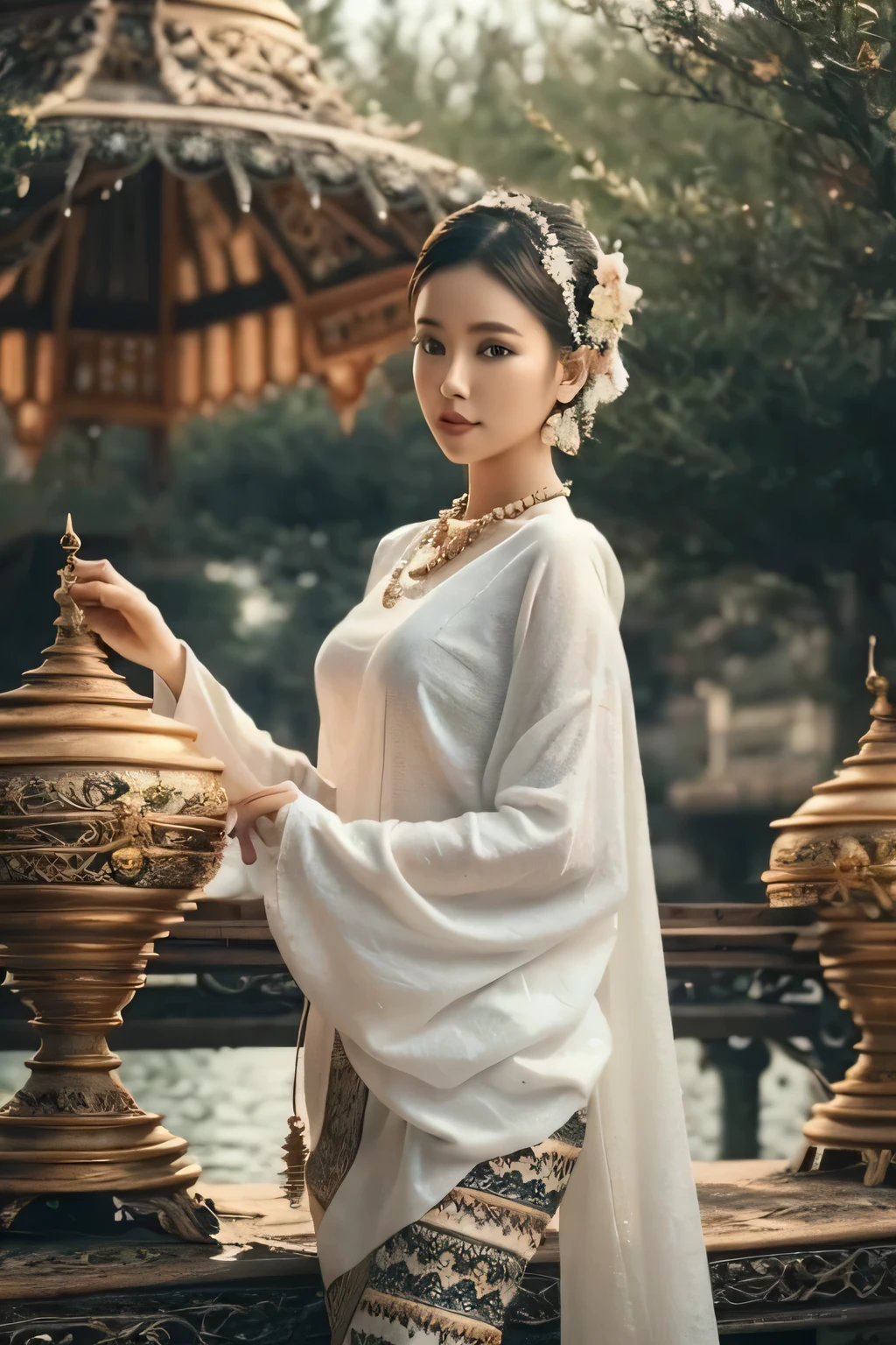 Burmese patterned traditional dress lady full body details, nice face, fair skin, traditional royal white dress, wearing Parel necklaces, traditional hair style, long scarf on shoulder, walking toward pagoda, traditional water jar , cup on tray on a classic table nearby, best composition, full view covered shot, cenimatic lightning and ultra realistic details, octane rendering, sharp focus, unreal engine,32k hd resolution, masterpiece of photography, prize winning award level picture, perfect anatomy