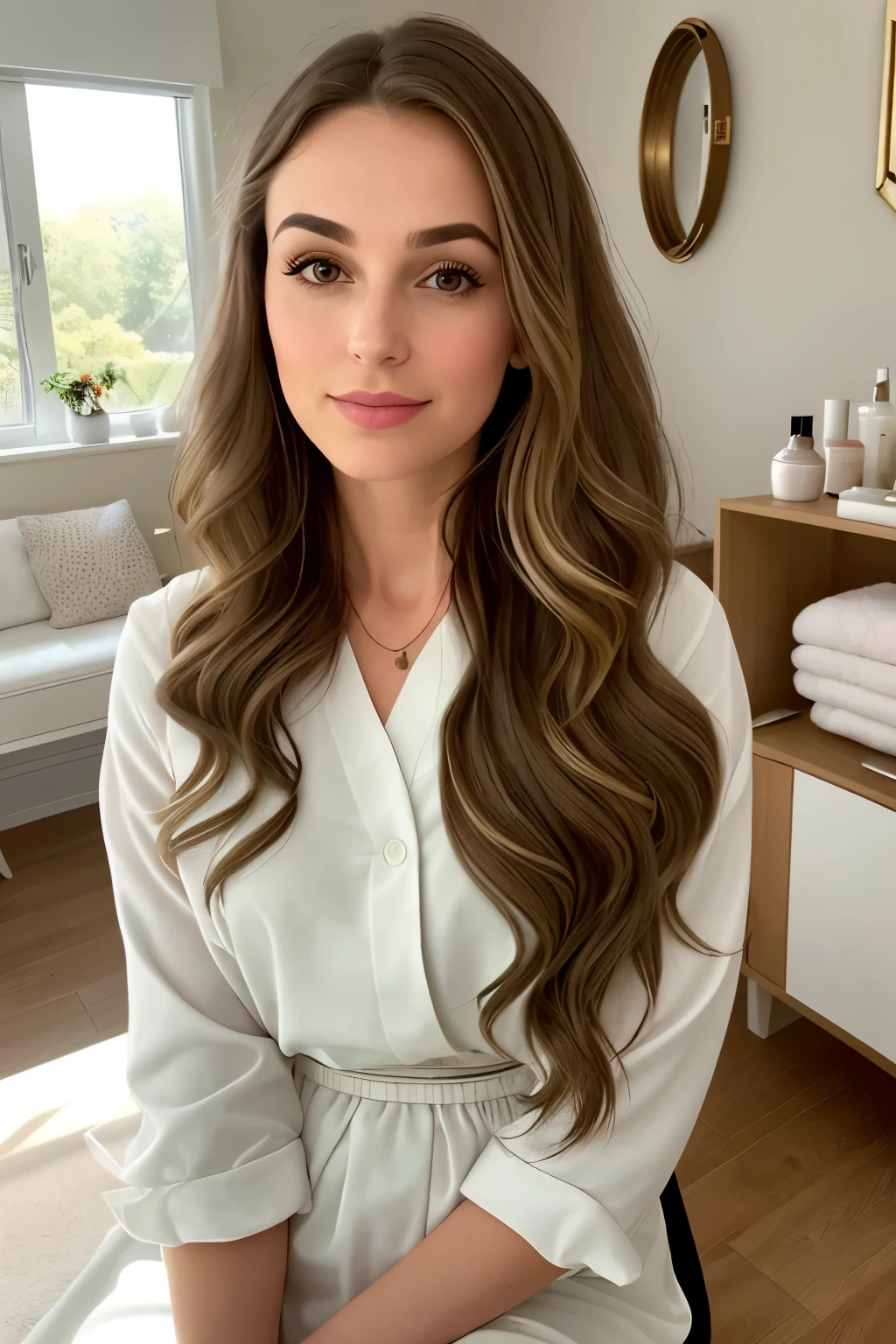 Title: "Aesthetician Elegance: Serenity in the Beauty Room"
Description: Witness the visual allure of a 30-year-old aesthetician, epitomizing sophistication and professionalism in her tranquil beauty room. Picture a woman with a slightly rounded figure, an oval face, and a small forehead. Her light olive complexion is accentuated by the warm glow of the room, while her brown hair cascades down her back in soft, highlighted waves, adding a polished touch to her appearance.
In this tranquil setting, our aesthetician is depicted seated in her elegant beauty room, surrounded by a calming and visually