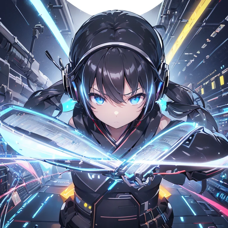 (((computer、electronic circuitry))),light with electrons flying around, ((Katana、With weapons))((1 swordsman woman)),alone, ,whole body,kimono、(machine-made),Expressionless,(headphones),fantasy、cute face、black and white、Bewitching、ultra high resolution