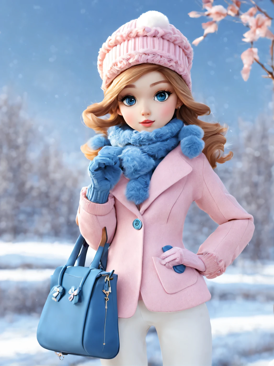 A cute 3D style girl wearing a pink turtleneck sweater and a blue (jacket) jacket, winter scarf, jeans, gloves, bow tie bow tie, erfly bow tie, small round hat (with floral or feather decorations), push (women's) handbag,
Cotton, linen, wool, pink and cool blue, paired with soft tones and rich wool textures and fur elements, create a warm and fashionable winter fashion,
Cartoon, Disney style, clean background, left, 3D, mixer, c4d, OC rendering, high detail, high quality, 8k,