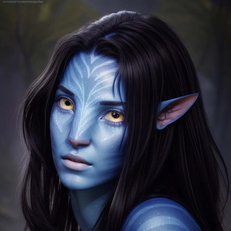 avatar style, portrait:1.6, 1girl, female, (blue skin tone:1.0), (long hair:1.0), one pair of pointy ears:1, long hairstyle, black hair color, 18 years old:1, face wrinkles, wearing tribal clothing, wearing a top:1, detailed eyes, toned body, glowing, ethereal atmosphere, dreamy lighting, otherworldly beauty, (best quality, highres), ultrarealistic, skin details, striped skin, sfw, ultradetailed body, simple background, avtr:1