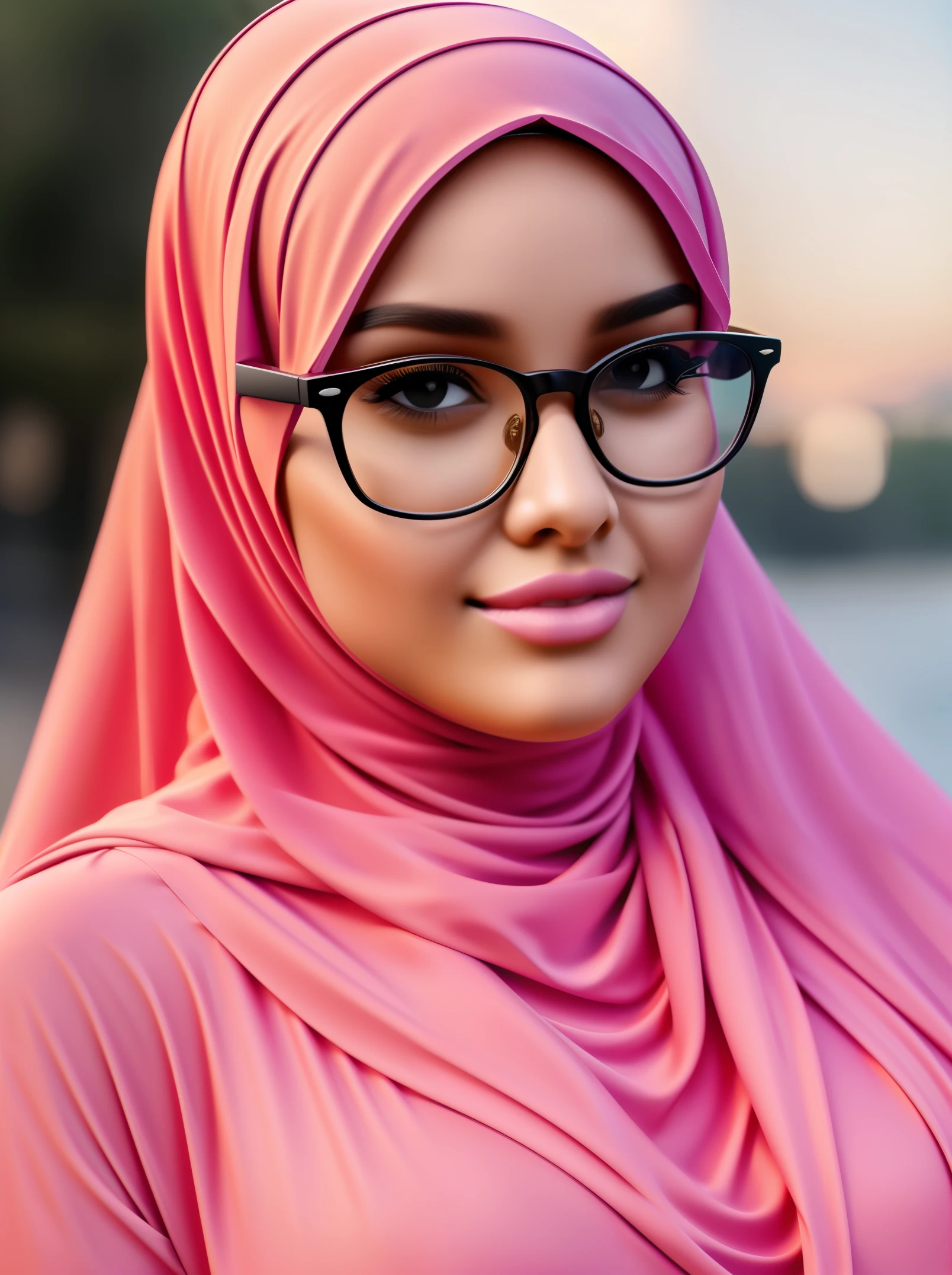 ultra realistic,16k, enhanced quality, perfect face, perfect hands, perfect body, ultra detailed, perfect hair, girl wearing glasses, perfect glasses, full body shooting, full body shooting, ultra realistic particles, perfect duck lips, full body shooting, Islamic hijab,Full-figured