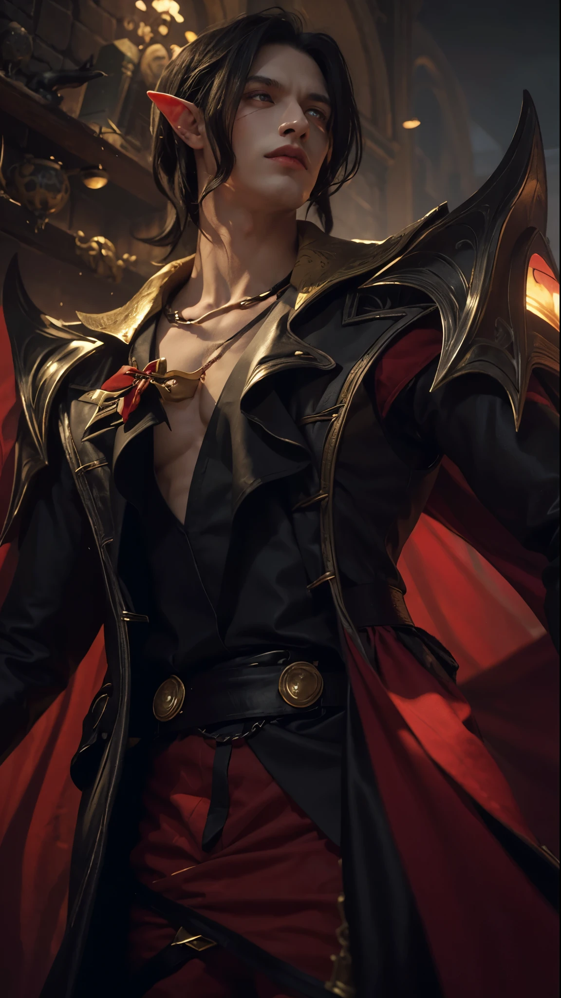 Man with long black hair, man using red and black dracula dress, man with elf ears, man with gold Accessories on his shoulder, men with golden Necklace, man with red eyes, handsome man, man with dracula dress in castle at night background, man with red Hunter eyes