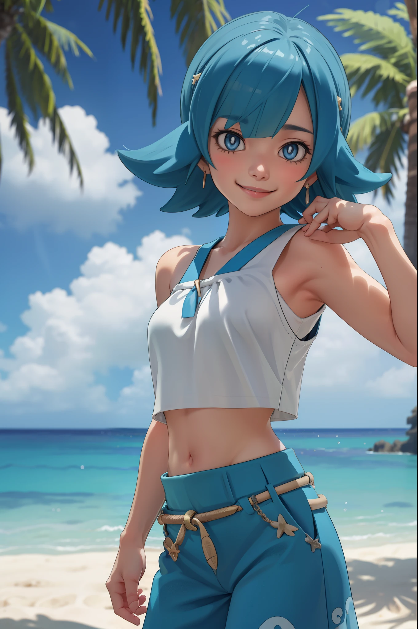 centered, award winning upper body portrait, cowboy shot, (looking at viewer:1.2), | solo, standing, Lana_Pokemon, smiling, midriff peek, pants, | beach, tropical scenery, | bokeh, depth of field, cinematic composition, dynamic pose, | 