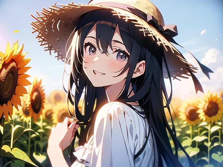 In 8K、highest quality、masterpiece、super detailed、ultra high resolution、anime style、1 woman、Mid summer、white dress、straw fedora hat、sunflower