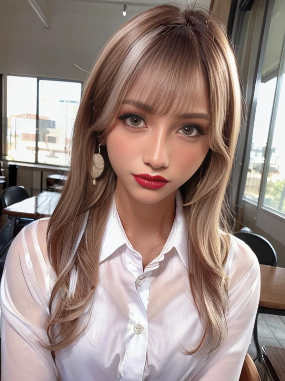 8K,(tableトップ, High resolution, highest quality:1.3), 8K, highly detailed images, sharp focus, digital blending, 4K, Trending on pixiv Ingrid, (((school uniform))), alone, 40 year old curve, dark skinned woman: ,(((tanned skin:1.5))), take a pose, classroom, table, Chair, Warizari, (Expressionless:1.2), looking at the viewer, cowboy shot, (Platinum hair), very long hair, ode, hair intake, White lipstick, compensate, mole under mouth, perfection, perfectionな顔, super detailed hair, highly detailed face, earrings, highly detailed lips, big super detailed lipstick,Super high resolution,super realistic skin,(white eye makeup),beauty eye,beauty face