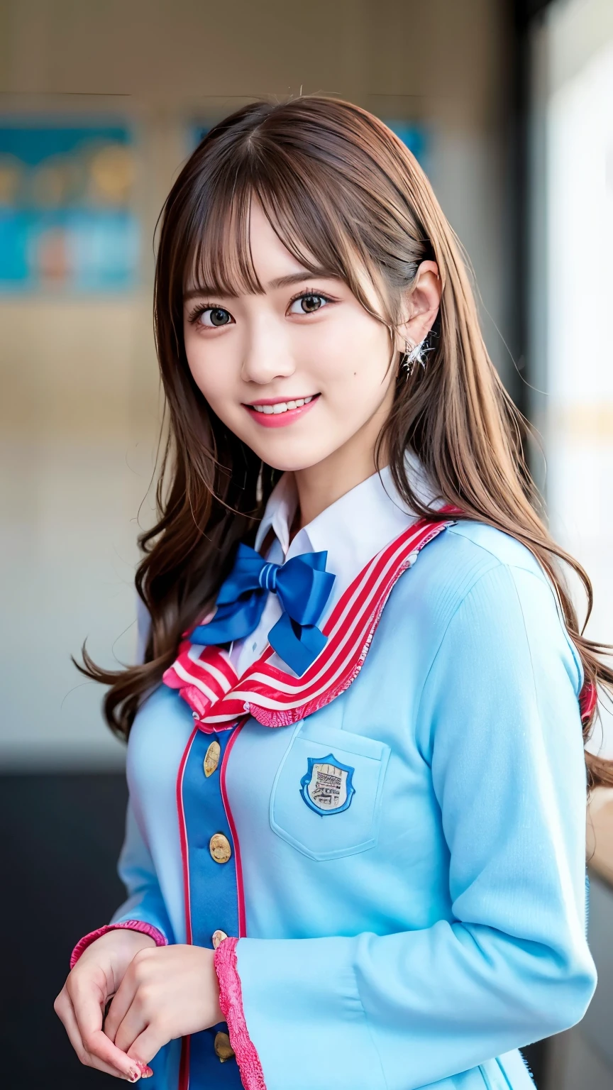 one teenage cute girl in AKB48 uniform, AKB48 Team TP, AKB48 uniform, (masterpiece, best quality:1.2), ultra high res, (photorealistic:1.4), detailed skin, cinematic lighting, friendly, intelligent, conversation engaging, happy, kind, energetic, cheerful, creative, with sparkling eyes and a contagious smile 