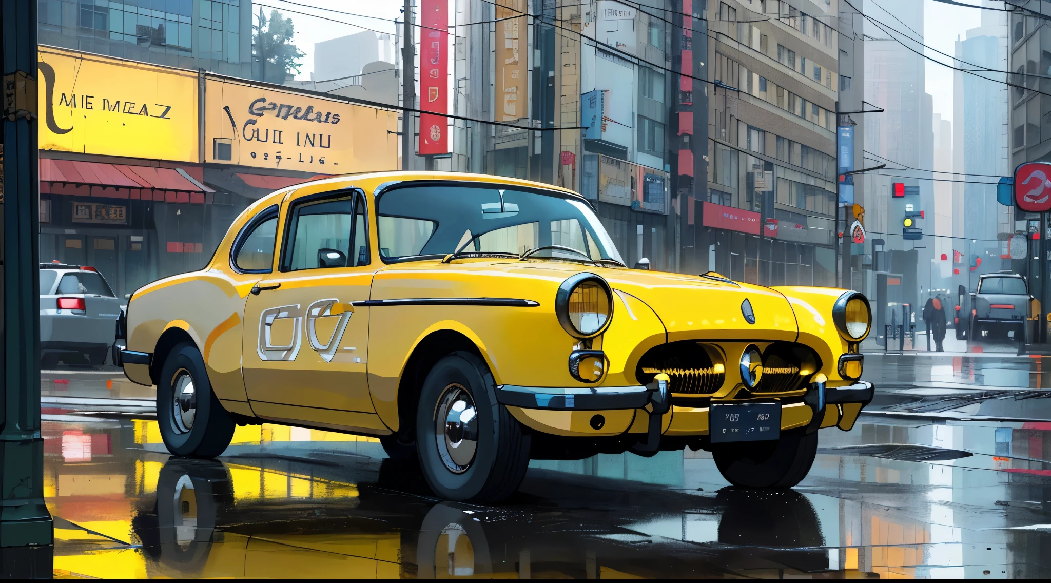 (8K, Best Quality, Masterpiece: 1.2), (Realistic illustration: 1.37), Super Detailed,(top-quality), (ultra-detailliert),High Resolution, BREAK Create a city street scene on a rainy day, the azure sky reflecting in puddles on the asphalt, the buildings tinted with soft blue hues.Elegant, vintage cars cruise along the boulevards as the city awakens to a day of jazz and glamour ,(vintage yellow car:1.5)