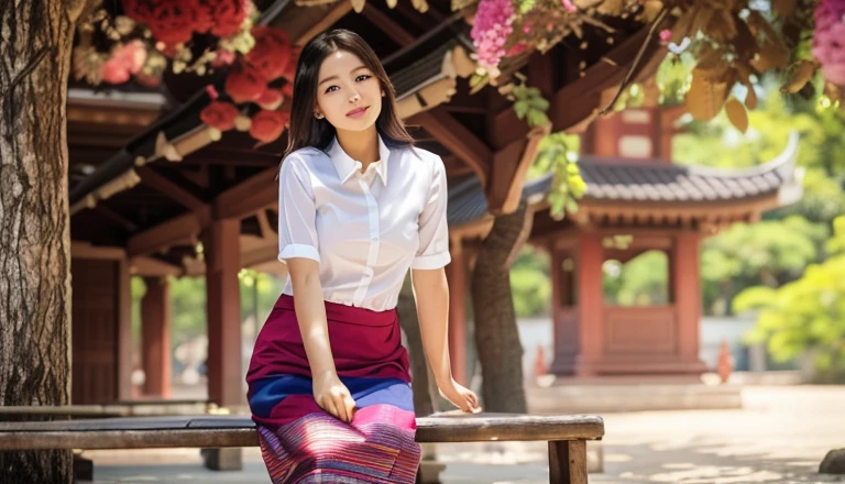 there is a traditional Burma Myanmar woman with a pink dress sitting on a bench in Bagan, Bangan pagoda background, nivanh chanthara, in style of lam manh, a young asian woman, lovely woman, mai anh tran, asian girl, an asian woman, Myanmar woman, traditional beauty, traditional art, asian Myanmar woman, very high quality, young asian girl, a cute young woman, young asian woman, (8k, best quality, masterpiece:1.2), (realistic, photo-realistic:1.37), ultra-detailed, 1 girl, cute, solo, beautiful detailed sky, detailed cafe, night, dating, (nose blush), (smile:1.2), beautiful detailed eyes, business attire, rain, (8k, RAW photo:1.2),best quality, ultra high res,dramatic angle,(fluttered detailed color splashs), (illustration),(((1 girl))), ((Best quality, 8k, Masterpiece :1.3)), Sharp focus :1.2, A pretty woman with perfect figure :1.4, Slender abs :1.2, ((Dark brown hair, Big breasts :1.2)), (White button up long shirt :1.1), City street:1.2, Highly detailed face and skin texture, Detailed eyes, Double eyelid