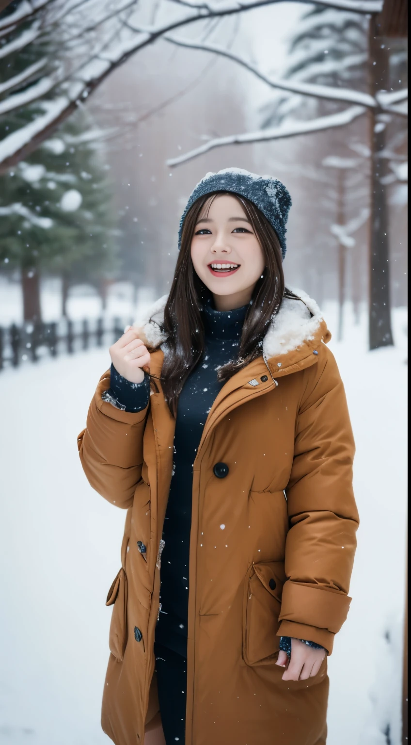 ((snow scene))、Warm coat、Full body Esbian、laughter、(masterpiece、highest quality) 、cute、(big breasts:1.2)、((20 year old woman:1.ung adorable japanese face, ,soft portrait shot,In 8K,、Young and cute gravure idol