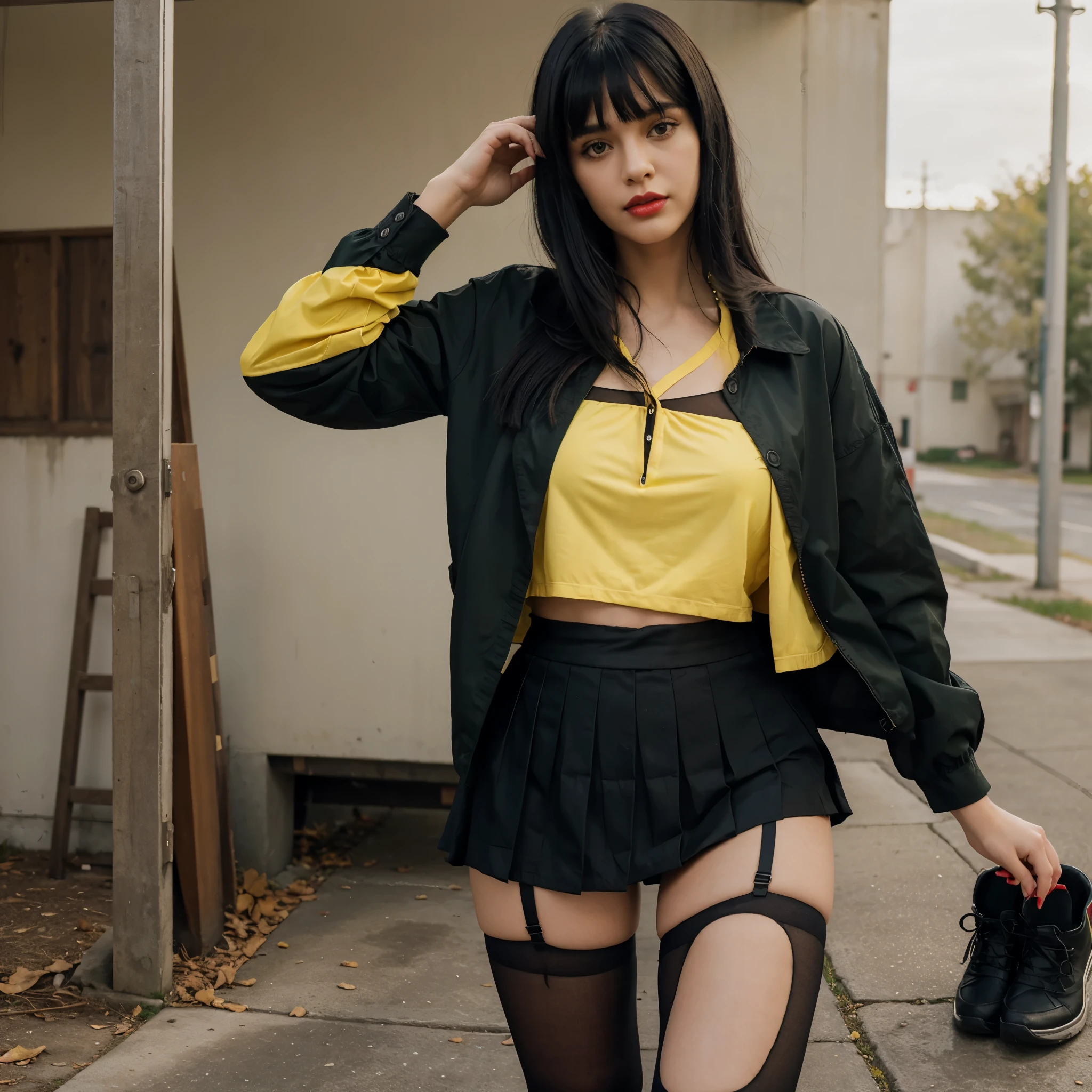 1 girl, black hair with green bangs, red lips, sheer shirt, jacket on top, with a pladded black skirt, thigh-highs, yellow oversized shoes