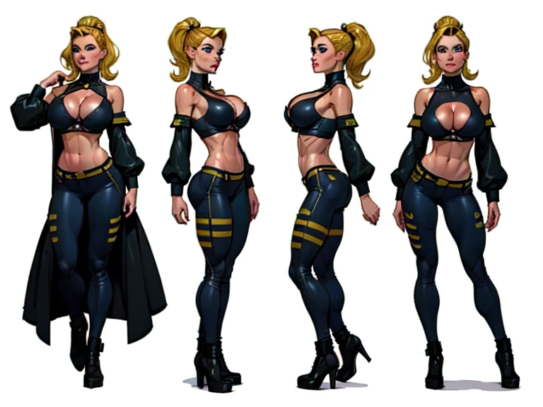 character sheet, front view, side view, view from back, ((masterpiece)),(((best quality))),((character design sheet)), ((flat color, plain color)),concept, poses, masterpiece, best quality, highres, bbardot as apocalypse mercenary female, (blonde hair:1.2), bardot hairstyle, long hair, visible forehead, military gear, blue eyes, black ((black tube bra:1.1)), (black crop top), ((visible underboob)), green snake pants, large breasts, standing, blank background ,chara-sheet