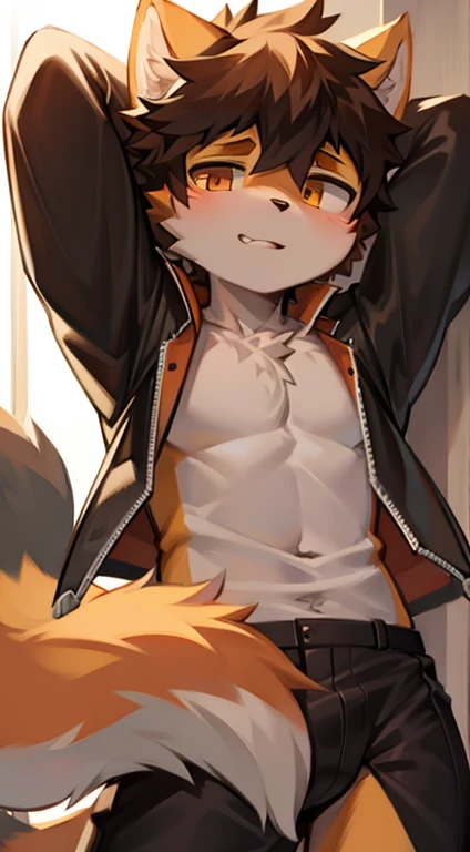 ((1boy)), blue eyes, (messy blonde hair), close up view, wolf ears, wolf tail, black long sleeved hooded shirt, thigh belts, black shorts, slim waist, big thighs, looking at viewer, fangs, sharp nails, ultra masterpiece, HD, young, twink, wide hips, blush, big butt, bulge, smug, smile, medieval setting