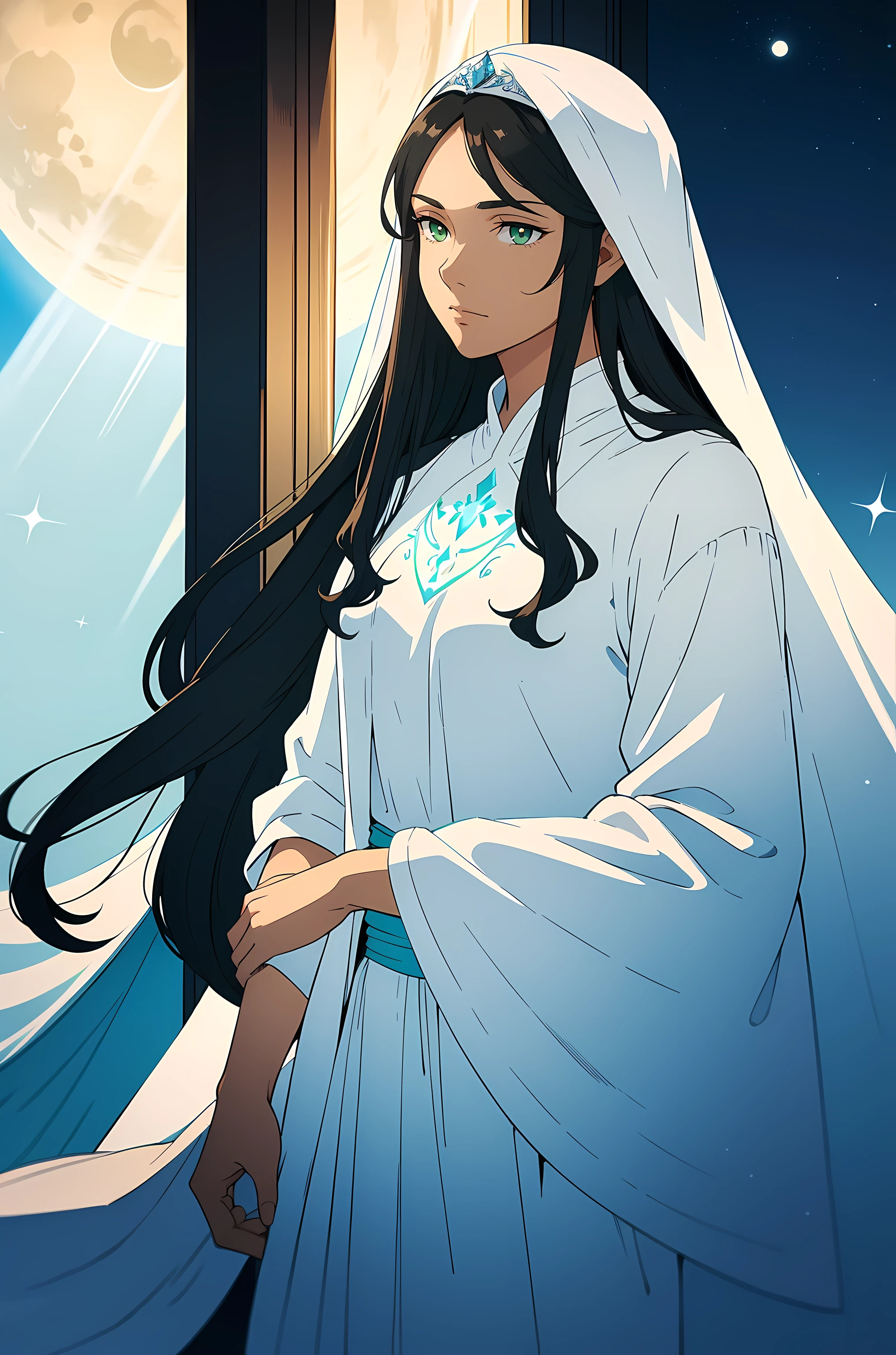 jesus mother, Black hair and green eyes, light brown-skinned, Wears a light blue robe, and a sky blue veil, calm expression that brings peace (whole body) near window, Illuminated by the Moon (grand yet realistic)