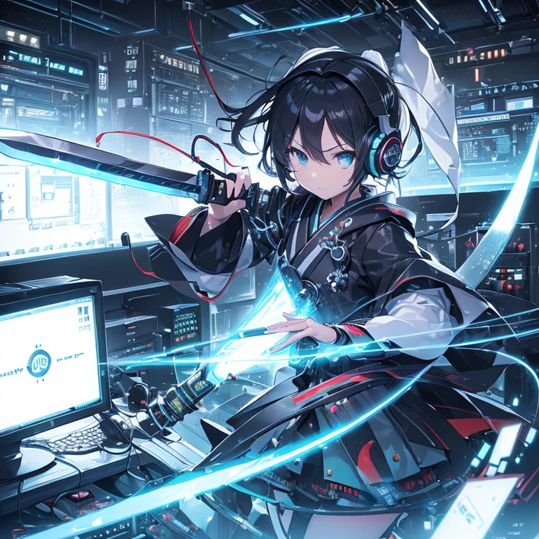 (((computer、electronic circuitry))),light with electrons flying around, ((Katana、With weapons))((1 swordsman woman)),alone, ,whole body,kimono、(machine-made),Expressionless,(headphones),fantasy、cute face、black and white、Bewitching、ultra high resolution、8K