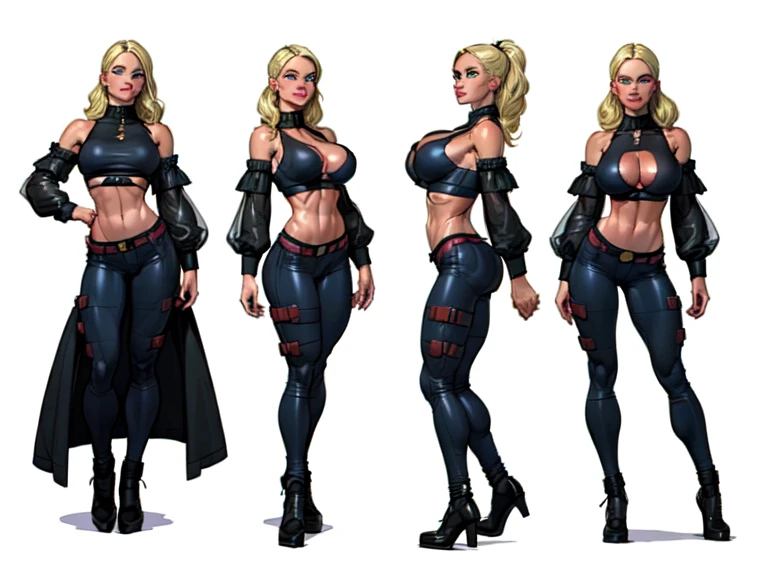 ((masterpiece)),(((best quality))),((character design sheet)),  ((flat color, plain color)),concept, poses, masterpiece, best quality, highres, 1girl, apocalypse mercenary female, (blonde hair:1.2), pompadour hairstyle, long hair, visible forehead, military gear,  blue eyes, black ((black tube bra:1.1)), (black crop top), ((visible underboob)), green snake pants, large breasts, standing, blank background ,chara-sheet